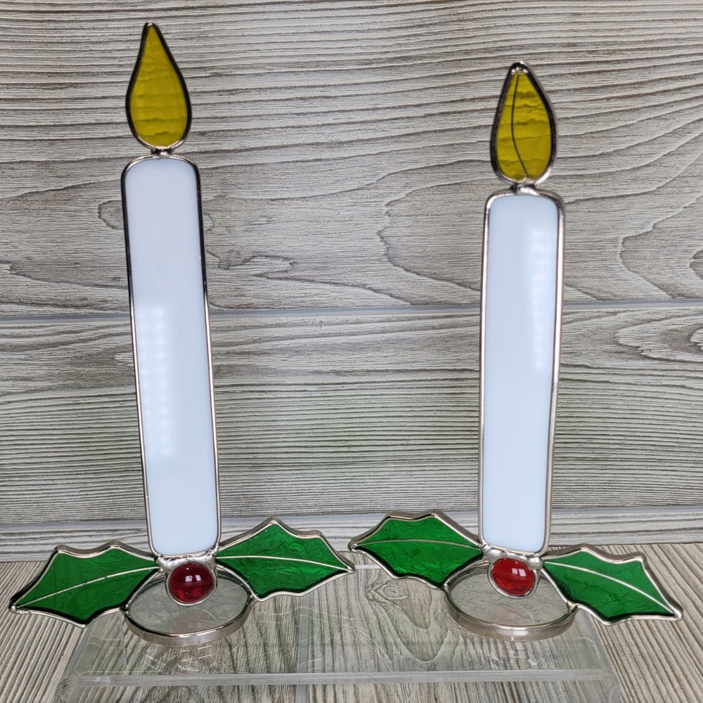 2 Stained Glass Candle Suncatchers‎ Christmas Holly Red Berries Yellow Flame
